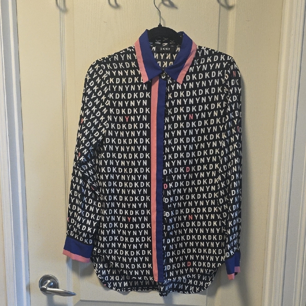 DKNY Black and White Logo Shirt with Pink Accents